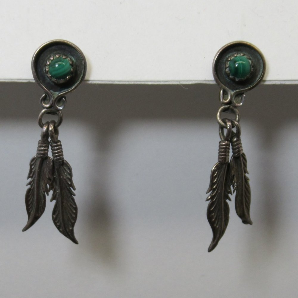 Sterling and Malachite Feather Earrings
